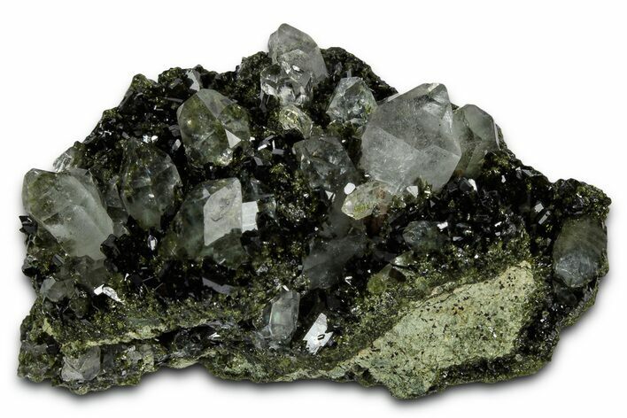 Sparkling Dark Green Epidote Crystals with Quartz - Turkey #337432